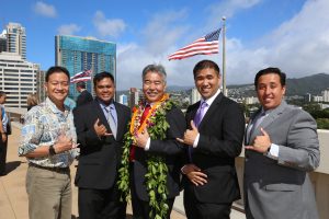 (from left) Burt Lum, Gerome Catbagan, Gov. Ige, state Chief Information Officer Todd Nacapuy, and Jayson Hayworth from the ETS Code Challenge.
