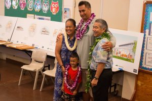 DHHL director Jobbie Masagatani, Gov. Ige and happy families at the lot selection in Waimanalo