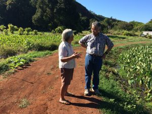 The governor talks with Lois Hashimoto, 85, who works in her family's taro fields every day. The family grows Kauai'i Lehua taro and sells to the Honolulu Poi Company.