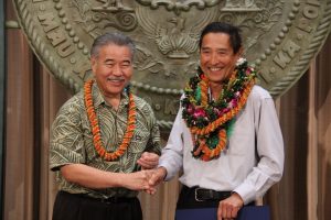 KUDOS: Governor Ige congratulates coach Dave Shoji.