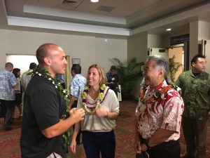 SBA WINNERS: Maui Brewing owners Garrett Marrero and Melanie Oxley with Governor Ige.