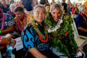 Governor David Ige and Hōkūleʻa navigator Nainoa Thompson at the Mālama Honua homecoming.