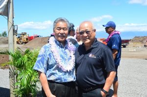 Governor Ige with executive director Roy Katsuda at the Hale Mahaolu Ewalu Senior Housing groundbreaking on Maui.