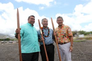 At the groundbreaking for Kahauiki Village with plumbers’ union head Reggie Castanares, Governor Ige and Duane Kurisu.
