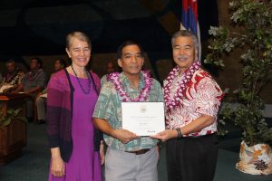 DOH director Ginny Pressler, Peter Oshiro and Governor Ige