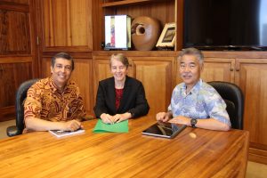 PARTNERSHIPS: Gov. Ige with DHS director Pankaj Bhanot and DOH director Dr. Ginny Pressler at the State Capitol.