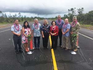 Officials gathered for the Oct. 10 dedication of the Daniel K. Inouye Highway's final phase on Hawai'i island, including (center) Mayor Harry Kim, Gov. Ige and U.S. Sen. Mazie Hirono.