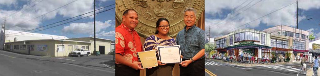 The Kalihi 21st Century report shows how Pu'uhale Rd. could become a walkable, mixed-use district of housing and businesses to transform the Kalihi area. The governor praised the community vision team that included resident April Bautista and Office of Planning director Leo Asuncion.