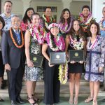 Vanessa Ching State 2018 Teacher of the Year. Gov Ige, Dawn Ige, DOE superintendent Dr. Christina Kishimoto, BOE chair Lance Mizumoto