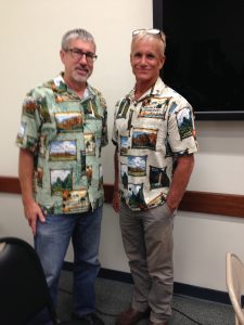 DLNR state park administrators Alan Carpenter and Curt Cottrell model the custom designed aloha shirts