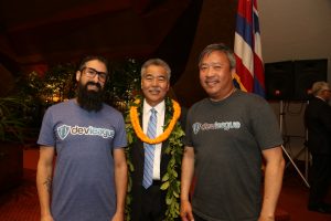 Gov. Ige with DevLeague co-founders Russel Cheng and Jason Sewell