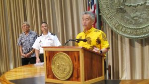 Gov. Ige, Mayor Harry Kim and Brig. Gen. Kenneth Hara release the final HI-EMA report.