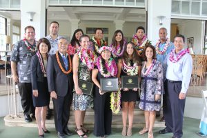 Statewide 2018 Teacher of the Year nominees with Governor and Mrs. Ige, Dr. Kishimoto and Board of Education chair Lance Mizumoto at Washington Place. Vanessa Ching (center) from DOE's Leeward District was named the overall state winner.
