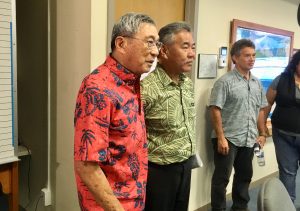 Big Island Mayor Harry Kim, Governor Ige and Talmadge Magno of Hawai'i County Civil Defense.