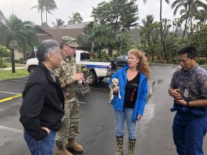 On Kaua'i, Laura Richards, general manager of the Hanalei Colony Resort met with Governor Ige, Maj.Gen. Joe Logan of the Hawai'i National Guard and Elton Ushio of Kaua'i Emergency Management.