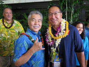 Honolulu Little League manager Gerald Oda with the governor