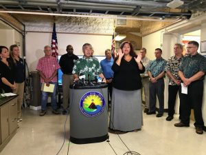 Public and private sector leaders gather at HI-EMA to provide news updates on Hurricane lane. Photo: Hawai'i News Now