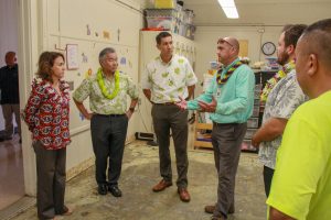 DOE Superintendent Christina Kishimoto, school officials, Gov. Ige and Hawai'i island legislators visit Waiakea Elementary to inspect flood damage.