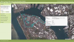 A satellite image with information available on DLNR's new Public Land Trust Information System (PLTIS).