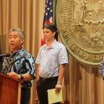 Gov. Ige describes the need to replace OCCC at a press conference with Rod Becker (left), director of the Department of Accounting and General Services and Nolan Espinda, director of the Department of Public Safety.