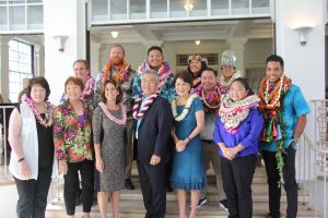 Gov. Ige, first lady Dawn Amano Ige and DOE Superintendent Christina Kishimoto (center) with Hawai'i's Teacher of the Year Mathieu Williams (far right) and other district winners and officials.