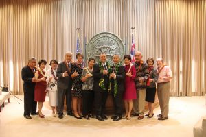Present and former governors and first ladies: (from left) the Cayetanos, the Ariyoshis, Linda Lingle, Lt. Gov. Josh Green and wife Jaime Ushiroda, Gov. David Ige and first lady Dawn Amano Ige, the Waihees and Neil Abercrombie.