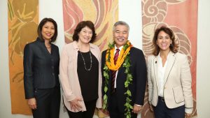 NEW PRE-K VISION: Governor Ige with Lauren Moriguchi, BOE Chair Catherine Payne and DOE Superintendent Christina Kishimoto.