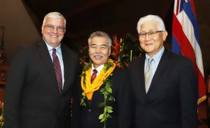 Governor Ige with KIUC CEO David Bissell and Hawaiian Electric CEO Alan Oshima.