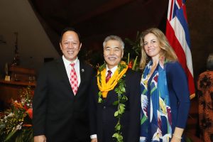 Kamehameha Schools CEO Jack Wong and Hawai'i Green Growth CEO Celeste Connors with the governor.