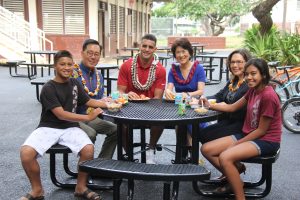 First lady and Marcus Mariota in the courtyard with (from left) Chrisciah Keawe, Keith Amemiya, principal Anne-Marie Murphy and Kanani Kanewa.