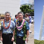 Gov. Ige with president Timothy Yi (left) and CEO Simon Kim of SamKoo Corp. at the for-sale Kapiolani Residence tower near Ala Moana Center, built under the state's 201H affordable housing law.