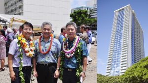 Gov. Ige with president Timothy Yi (left) and CEO Simon Kim of SamKoo Corp. at the for-sale Kapiolani Residence tower near Ala Moana Center, built under the state's 201H affordable housing law.