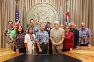 Gov. Ige and former Gov. George Ariyoshi with public and private sector aquaculture advocates.