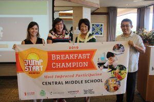 First lady Dawn Amano Ige with (from left) Daniela Kittinger of Hawai'i Appleseed, Central Middle's principal Anne-Marie Murphy, and Dexter Kishida, Department of Education program specialist celebrate the school's 23 percent increase in breakfast participation.