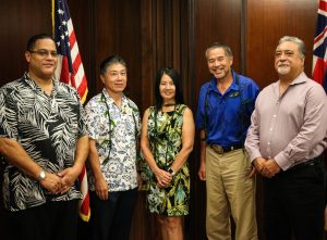 The three new members with Tommy Johnson, Hawaii Paroling Authority Administrator and Nolan Espinda, Director Department of Public Safety.
