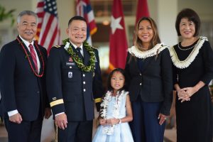 Brig. Gen. Roy J. Macaraeg, wife Bene and daughter Chloe Anne with Governor and Mrs. Ige.