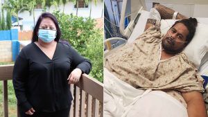 Sarah Bolles and Gaualofa Nua praise healthcare workers and urge everyone to protect themselves and others from COVID-19 after the virus nearly killed them. Credit (right): The Queen's Health Systems
