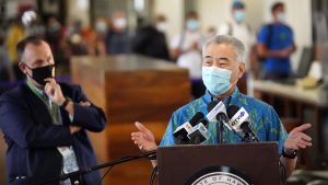 Governor Ige and Lt. Gov. Green at the Daniel K. Inouye International Airport.