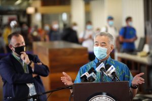 Governor Ige and Lt. Gov. Josh Green at the Daniel K. Inouye International Airport for the Oct. 15 launch of the Safe Travels pre-travel testing program.