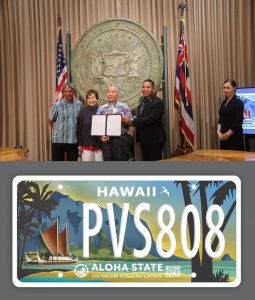 PVS President Nainoa Thompson, Sen. Lorraine Inouye, Gov. Ige and Rep. Cedric Gates at the signing ceremony authorizing the special license plate.