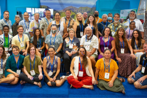 The Hawaii delegation at the 2021 IUCN World Conservation Congress in France. Gov. Ige addresses the Hawaii delegation.