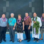 Officials at the blessing of the new Consolidated Rental Car facility at the Daniel K. Inouye International Airport. (From left): HDOT director Jade Butay, Governor Ige, Sen. Lorraine Inouye, airports deputy director Ross Higashi, Kahu Kordell Kekoa and Rep. Henry Aquino.