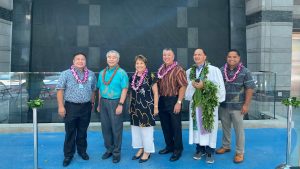 Officials at the blessing of the new Consolidated Rental Car facility at the Daniel K. Inouye International Airport. (From left): HDOT director Jade Butay, Governor Ige, Sen. Lorraine Inouye, airports deputy director Ross Higashi, Kahu Kordell Kekoa and Rep. Henry Aquino.