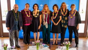 Mrs. Ige and panelists gather for International Women’s Day.